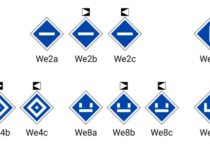 Kolejne znaki kolejowe: We1, We2a-c, We3a-b, We4a-c, We8a-c, We9a-b.