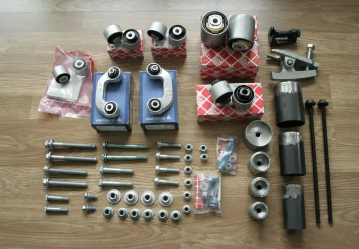 Herramientas y piezas para cambiar silentblock brazo suspension. Tornillos, soportes y bujes Lemförder y Febi.