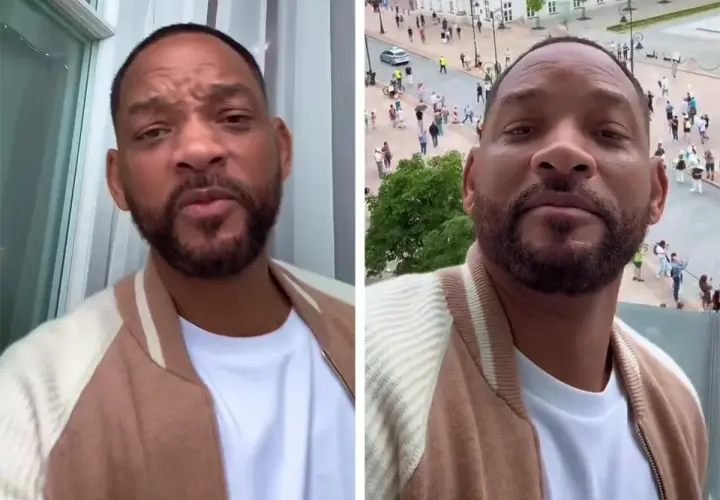 Will Smith, znany z imponującego wzrostu, w beżowej kurtce. Na drugim zdjęciu widać tłum ludzi na placu.