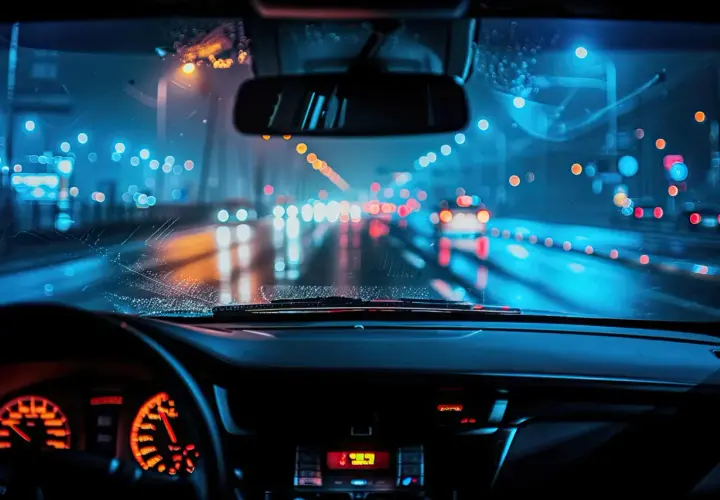 Widok z wnętrza samochodu nocą. Deszcz na szybie, światła miasta i samochodów tworzą rozmyty obraz, wymagający adaptacji oka.