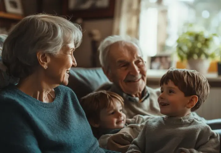 Abuelos sonríen a sus nietos. Es como soñar con abuelo fallecido, rodeado de amor familiar.