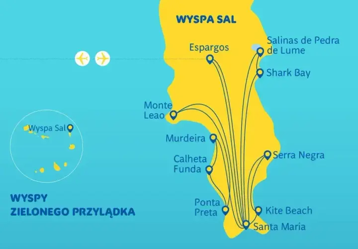 Mapa wyspy Sal na Wyspach Zielonego Przylądka. Pokazuje atrakcje takie jak Santa Maria, Kite Beach, Shark Bay i Salinas de Pedra de Lume.