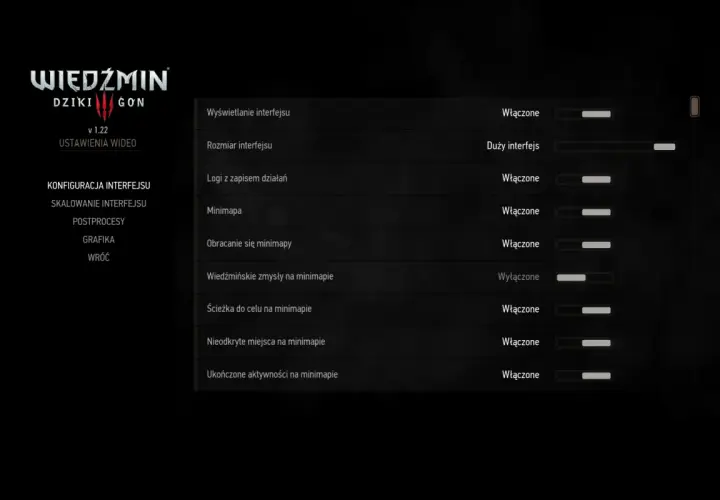 Menu Wiedźmin 3: Ustawienia interfejsu, skalowanie, grafika. Opcje dotyczące minimapy, w tym wiedźmińskie zmysły i podniesienie poziomu przeciwników.