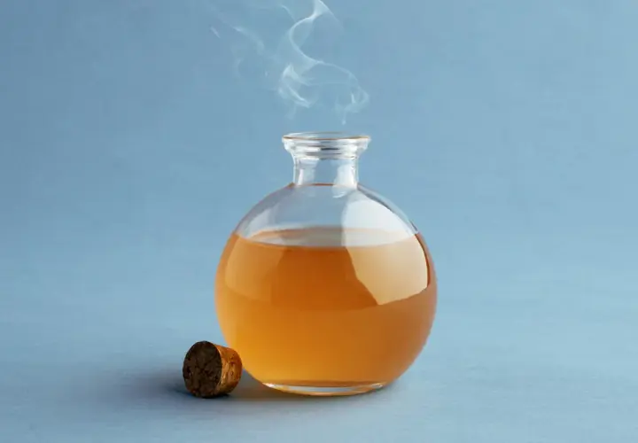 Botella de vidrio con vinagre de manzana y vapor saliendo. Descubre para qué es bueno el vinagre de manzana.