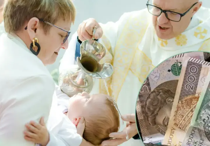 Chrzest dziecka, ksiądz polewa głowę wodą, a obok polskie banknoty. Ile pieniędzy na chrzest od dziadków?