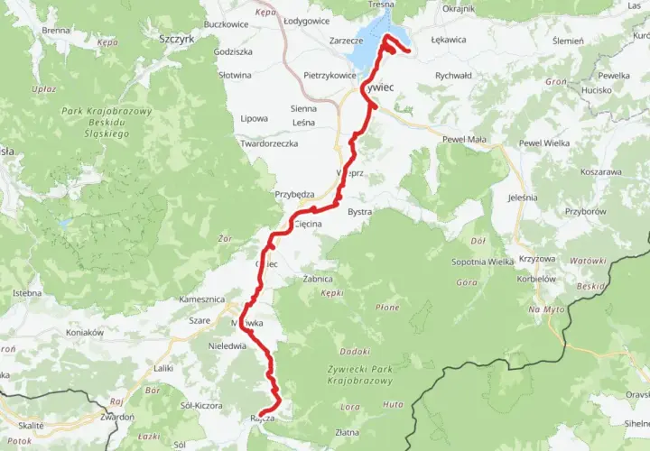 Mapa z zaznaczoną trasą rowerową Velo Soła, biegnącą przez malownicze tereny Beskidu Śląskiego, od Jeziora Żywieckiego po Rajczę.