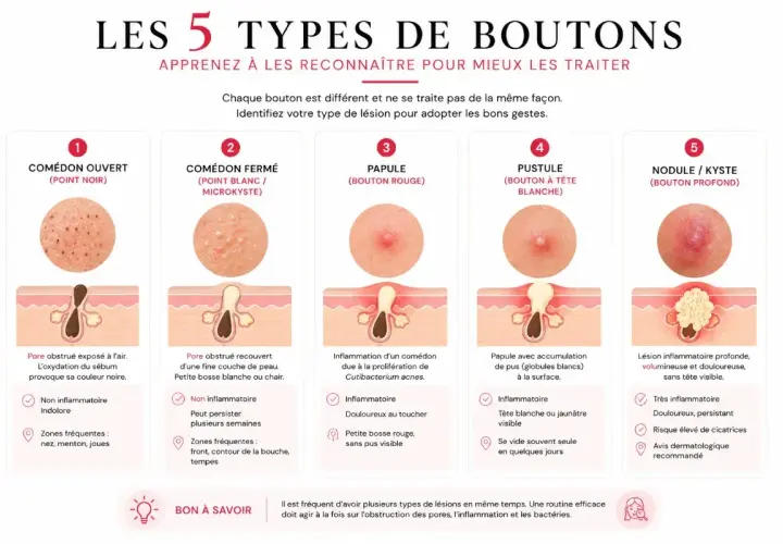 Infographie expliquant les 5 types de bouton : comédon, papule, pustule, nodule/kyste. Chaque bouton de brulure est illustré et décrit.