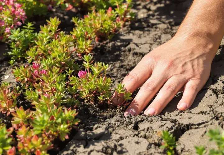 Main d'une personne touchant délicatement une plante sedum aux feuilles vertes et roses, sur un sol craquelé.