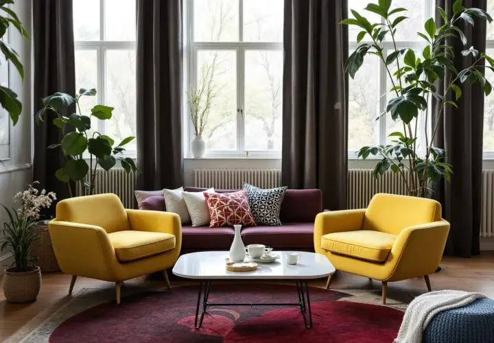 Gult och vinrött i en mysig 50-tals inredning med soffa, fåtöljer, kaffebord och stora gröna växter.
