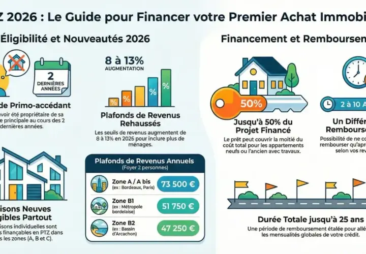 Guide PTZ 2026 : éligibilité, plafonds de revenus rehaussés, financement jusqu'à 50% et différé de remboursement.