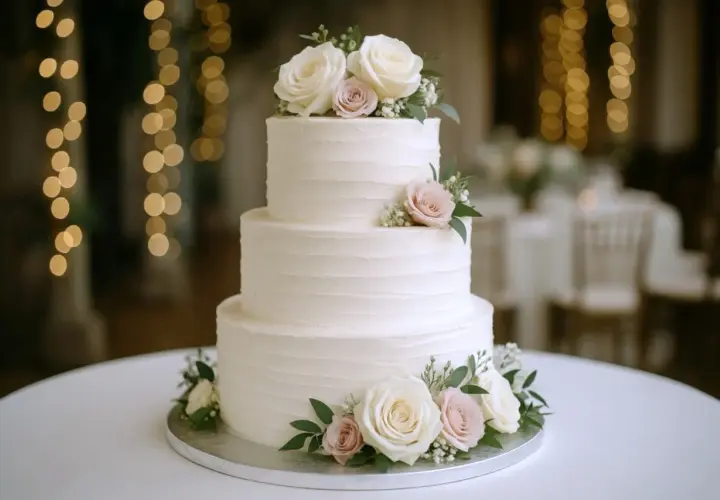 Elegancki, trójpoziomowy tort weselny z kremowymi różami i zielenią. Idealny na wyjątkowe okazje, jego tort weselny cena zależy od detali.
