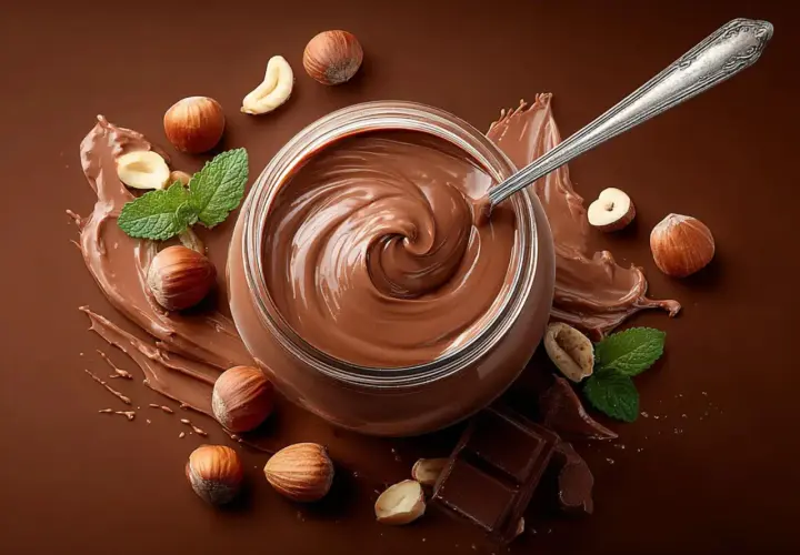 Słoik kremu czekoladowo-orzechowego, łyżka, orzechy laskowe i listki mięty. To właśnie gianduja – pyszny przysmak!