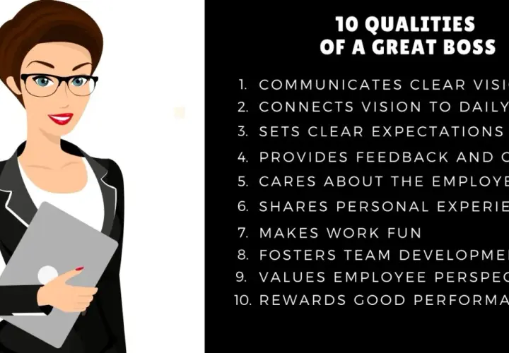 A graphic lists 10 qualities of a great boss, including clear communication, feedback, and valuing employees.
