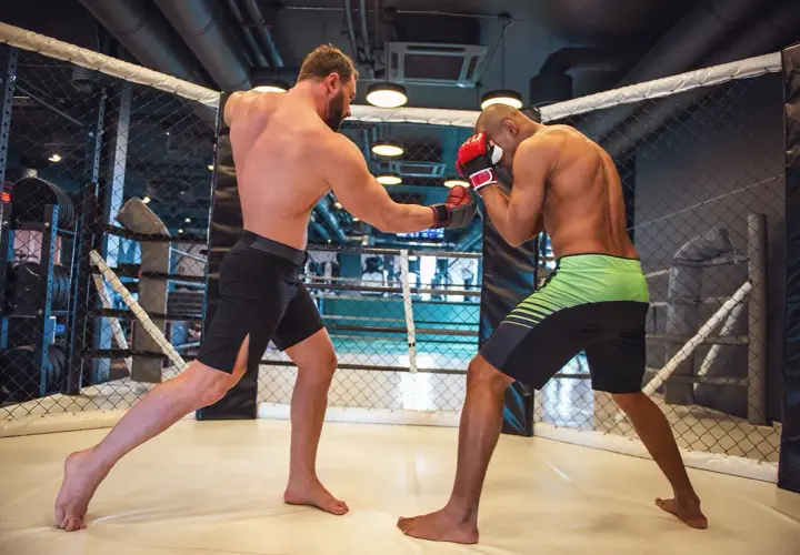Dwóch mężczyzn walczy w klatce MMA, jeden w rękawicach bokserskich.