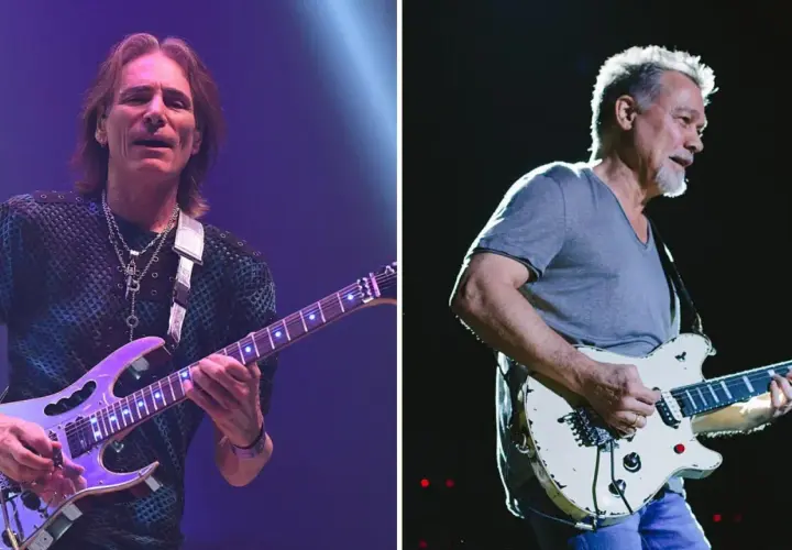Steve Vai i Eddie Van Halen, dwaj legendarni gitarzyści, grają na scenie.