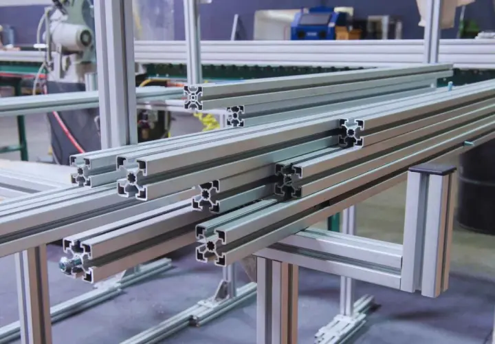 Perfiles de aluminio listos para ser ensamblados. El hierro y el aluminio son materiales clave en la construcción de estructuras modulares.