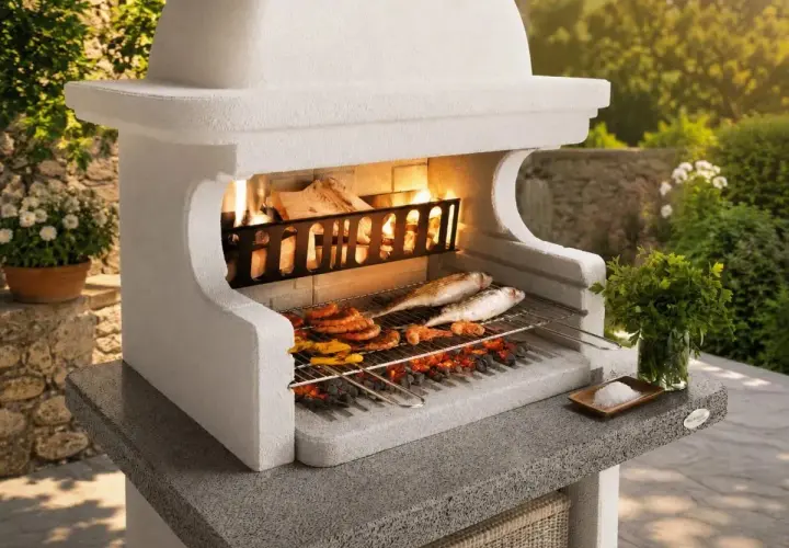 Una succulenta grigliata di pesce e carne cuoce su un barbecue in pietra, con fiamme vive e un contorno di erbe fresche.