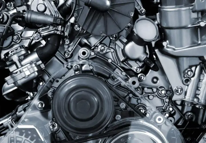 Detalle de un motor de motos 4 cilindros, con correas, poleas y componentes metálicos pulidos.