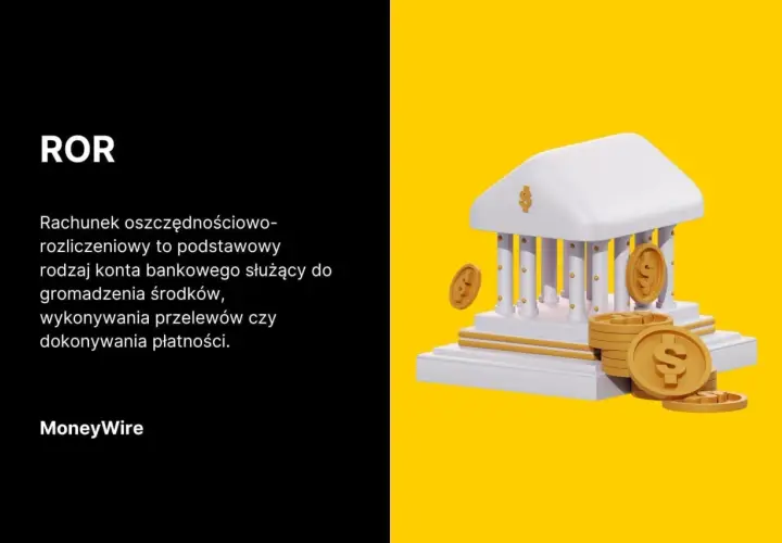 ROR w banku: biały budynek banku z kolumnami i złotymi monetami symbolizującymi oszczędności.