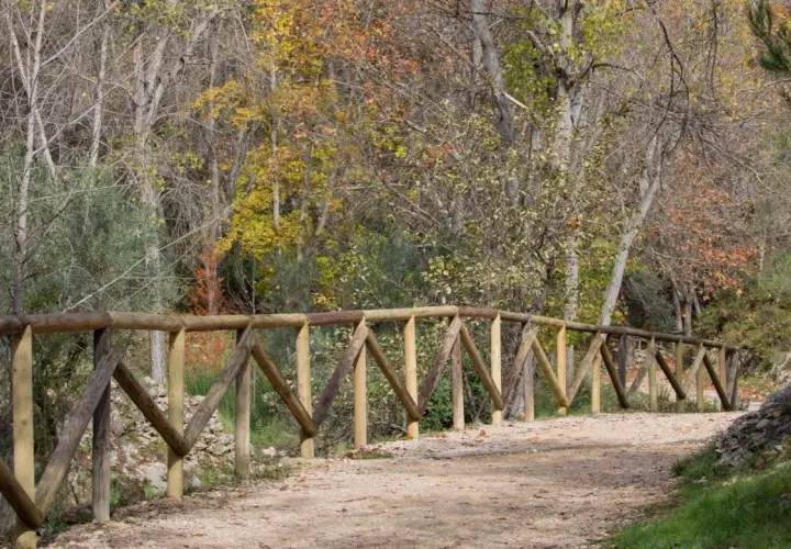 Sendero de tierra con barandilla de madera, ideal para rutas fáciles cerca de Madrid en otoño.