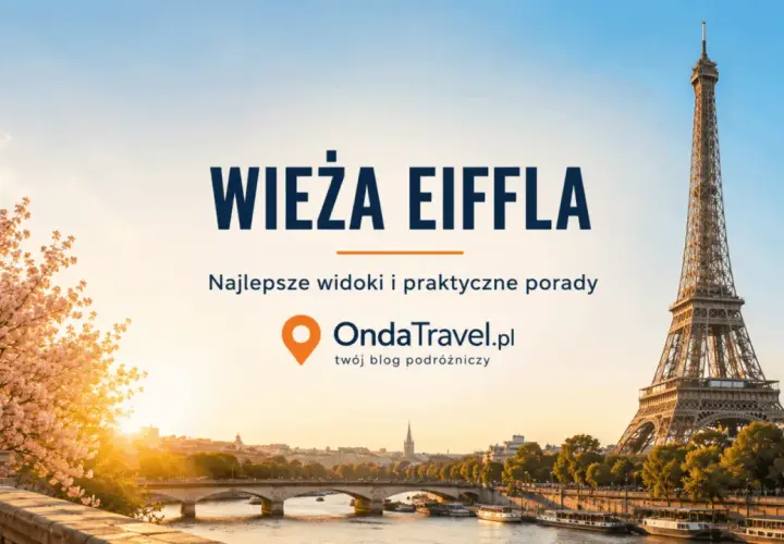 Wieża Eiffla w Paryżu o zachodzie słońca, z kwitnącą wiśnią i widokiem na Sekwanę.
