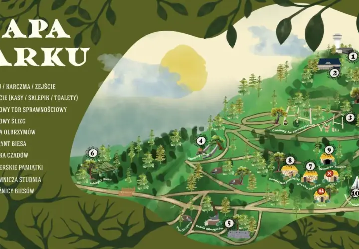 Mapa parku z atrakcjami: kolej, tor sprawnościowy, ślizg, osada olbrzymów, labirynt, wioska czadów, czaderskie pamiątki, tajemnicza studnia. Opinie o parku są pozytywne.