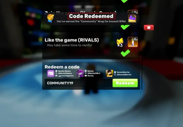 Odebrane kody do Rivals! Otrzymano "Community" Wrap do karabinu szturmowego. Wpisz kod COMMUNITY19, aby otrzymać nagrodę.