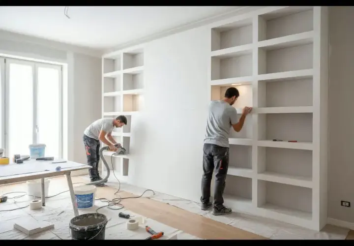 Costruzione di una libreria in cartongesso per un soggiorno. Due operai lavorano alla struttura, uno con una sega, l'altro rifinisce gli scaffali.
