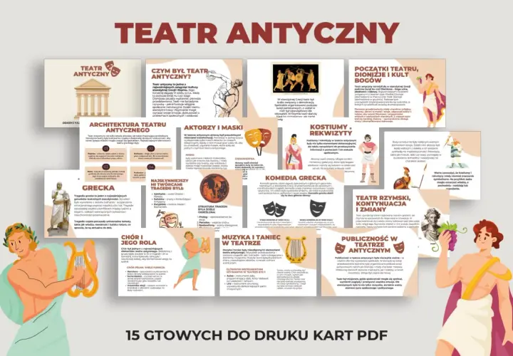 Teatr antyczny: architektura, aktorzy, maski, kostiumy, rekwizyty, muzyka, taniec, grecka tragedia i komedia, rola chóru, teatr rzymski, publiczność.