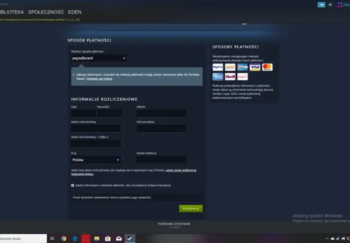 Formularz Steam do podania co to adres rozliczeniowy Steam, dane do płatności i kraju.