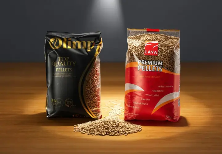 Dwie torby z pelletem drzewnym: Olimp i Lava. Szukasz najlepszy pellet ranking? Te produkty mogą być w nim wysoko.