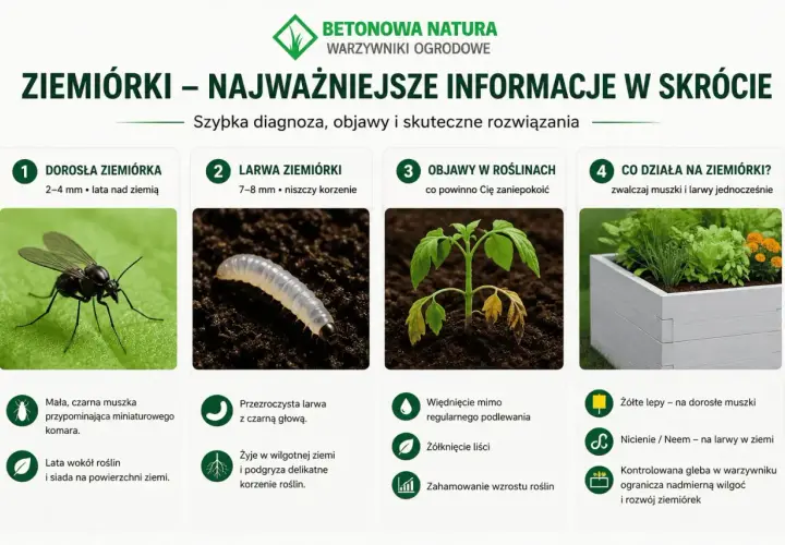 Dorosła ziemiórka i jej larwa, objawy w roślinach i metody zwalczania. Nicienie/Neem na larwy w ziemi to skuteczne rozwiązanie.