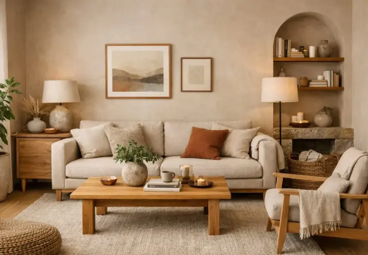 Soggiorno accogliente con divano beige, tavolino in legno e quadri astratti. Le pareti di casa tendenze in tonalità neutre creano un'atmosfera rilassante.
