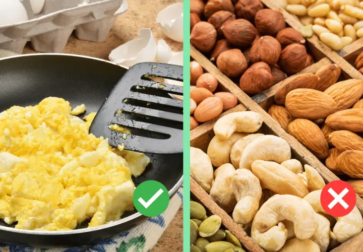 Huevos revueltos son ideales para comer cuando te sacan una muela. Evita frutos secos duros.