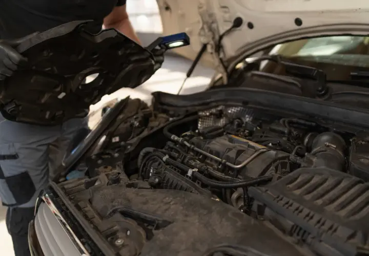 Mechanik sprawdza silnik, szukając przyczyny wysokiej temperatury płynu chłodniczego.