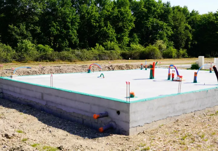 Fundament płyty betonowej z instalacją hydrauliczną i rurami, w otoczeniu zieleni.