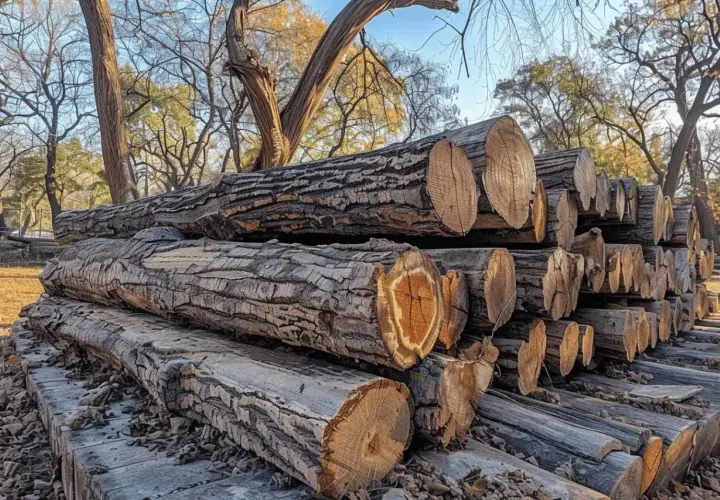 Gros troncs de bois d'acacia empilés, prêts pour le feu de camp. Leurs cernes révèlent leur âge.