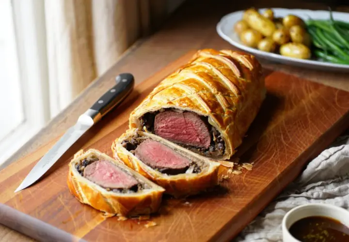 Un magnifique boeuf Wellington, doré et feuilleté, est coupé pour révéler sa viande tendre. Un couteau de chef est posé à côté, prêt à servir.