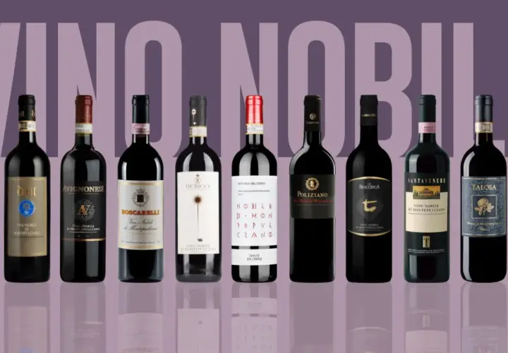 Rząd butelek wina Nobile di Montepulciano, od lewej: Figli d'Italia, Dei, Avignonesi, Boscarelli, De' Ricci, Fattoria del Cerro, Poliziano, La Braccesca, Santavenere, Talosa, Icario.
