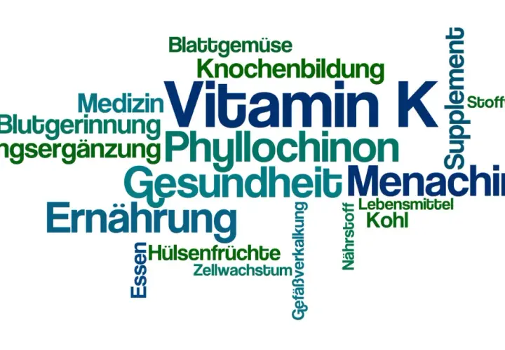 Wortwolke mit Begriffen wie "Vitamin K", "Blutgerinnung", "Knochenbildung", "Ernährung", "Gesundheit", "Phyllochinon" und "Menachinon".