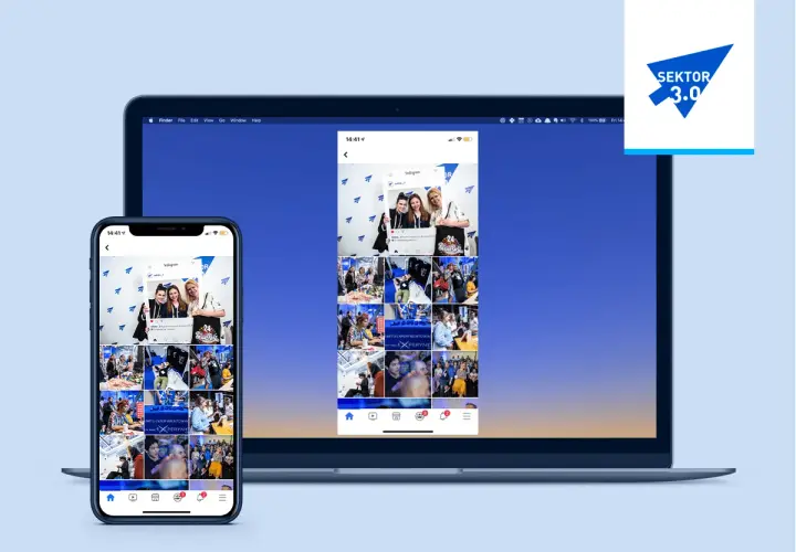 Telefon i laptop wyświetlające siatkę zdjęć z Instagrama.