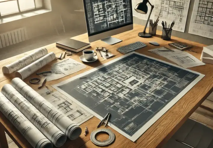 Biurko architekta z planami, komputerem i kawą. Zastanawiasz się, ile zarabia architekt?