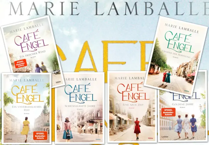Marie Lamballe: Café Engel Reihe. Mehrere Buchcover mit dem Titel "Café Engel" in verschiedenen Farben und Untertiteln, die die Reihenfolge der Bücher andeuten.