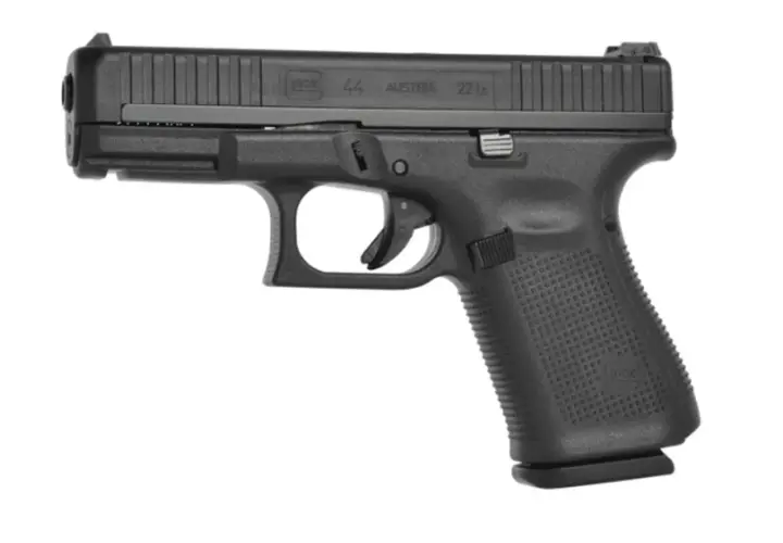 Czarny pistolet Glock 44, broń bocznego zapłonu bez zezwolenia, kaliber .22 LR, wyprodukowany w Austrii.