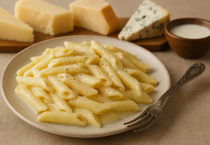 Penne w sosie quattro formaggi, z kawałkami parmezanu i sera pleśniowego w tle.