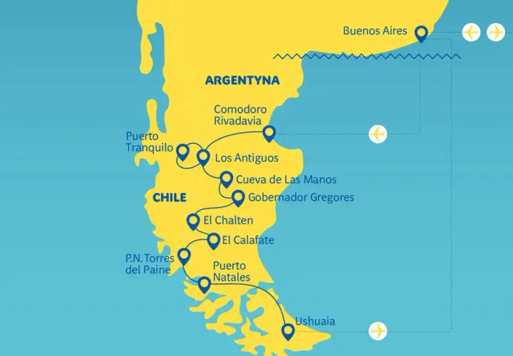 Mapa pokazuje, gdzie leży Argentyna, z zaznaczonymi miastami: Buenos Aires, Comodoro Rivadavia, Ushuaia i innymi.