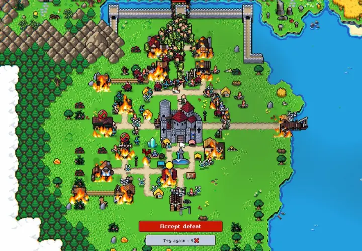 Bitwa o zamek w pixelartowym stylu. Wioska płonie, a armia naciera. Idealne dla fanów fajne gry na kompa.
