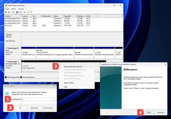 Datenträgerverwaltung zeigt, wie ein formatierter USB-Stick als neues einfaches Volume erstellt wird.