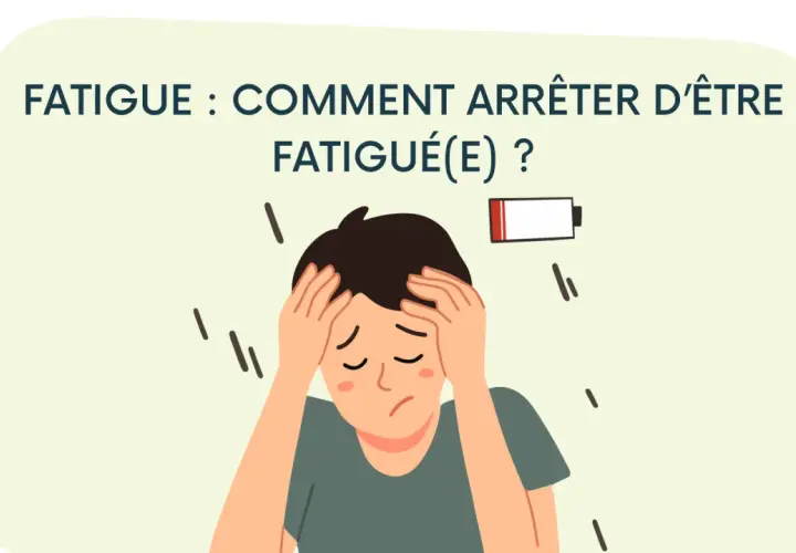 Un jeune homme se tient la tête, l'air épuisé, avec une batterie faible symbolisant les symptômes de fatigue intense.