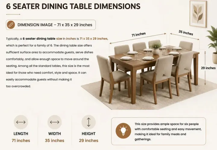 A 6 seater dining table with dimensions 71 x 35 x 29 inches, perfect for family meals.
